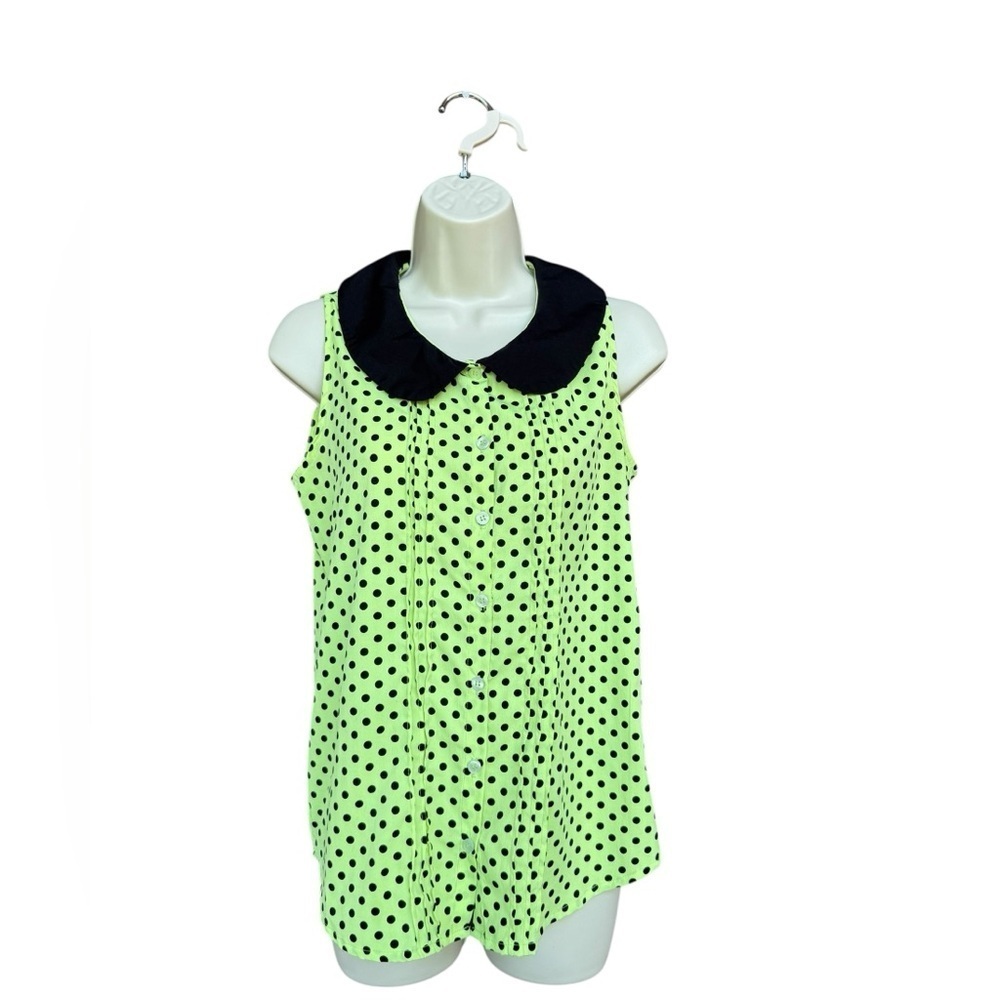 Y2K Derek Heart Women’s Neon Green Black Polka Dot Collared Button Blouse Medium